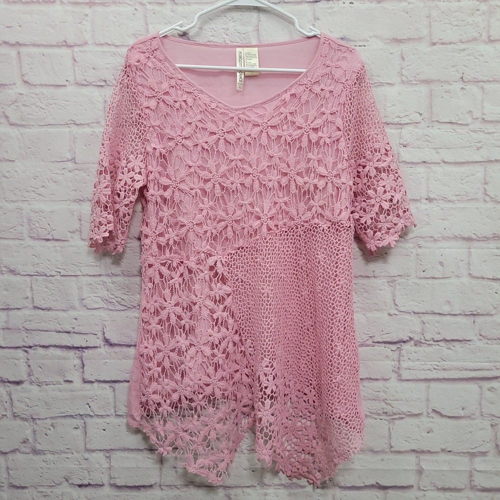 Forgotten Grace Pink Floral Lace Crochet Tunic Blouse L Boho Y2K Cottagecore